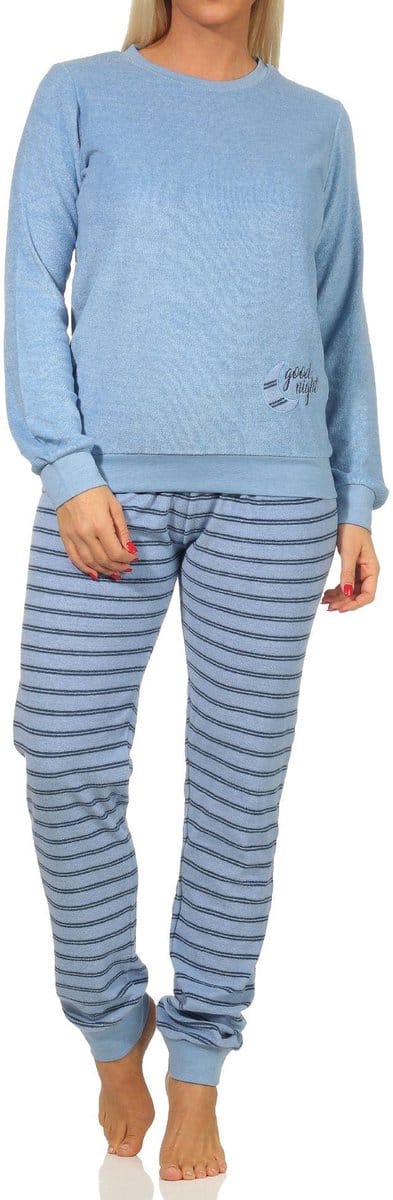 Dames badstof pyjama met manchetten - gestreepte broek, topje met maanaanzet - 212 13 800