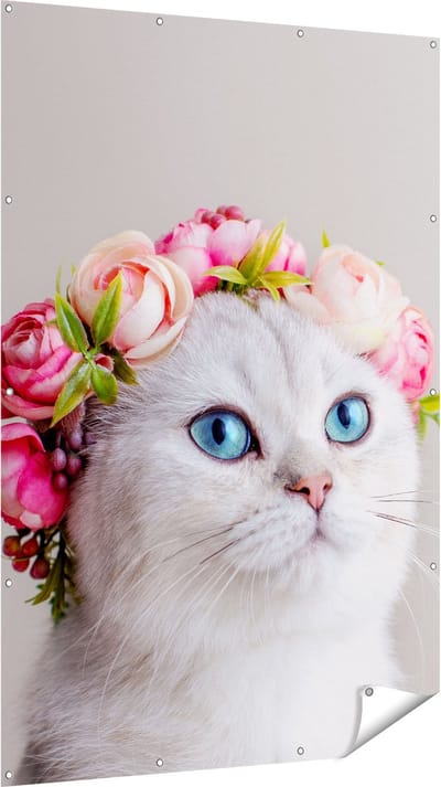 Gards Tuinposter Kat met een Bloemen Kroon - 120x180 cm - Tuindoek - Tuindecoratie - Wanddecoratie buiten - Tuinschilderij