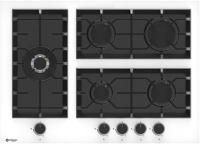 Wiggo WH-G735GR(W) - Inbouw Gaskookplaat - Glas op gas - Wok brander - 70cm - 5 Kookzones - Gietijzeren pannendragers - 5 jaar garantie - Wit Glas