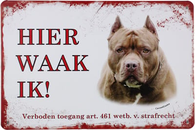 Wandbord - Hier waak ik Pitbull - Metalen wandbord - Mancave - Mancave decoratie - Metalen borden – Honden - Metal sign - Bar decoratie - Tekst bord - Wandborden - Wand Decoratie - Metalen bord - U