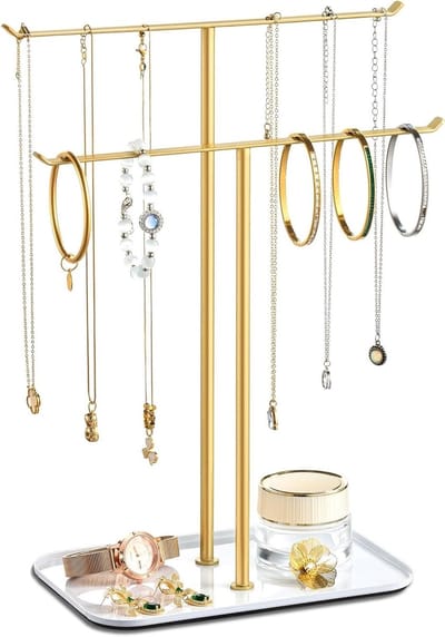 Sieradenstandaard met metalen frame en fluwelen lade voor kettingen, armbanden, oorbellen en ringen - Perfect cadeau voor de feestdagen in goudkleurig ontwerp