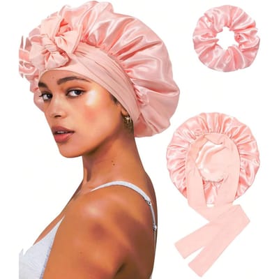1 Ensemble Bonnet en Satin et Soie Pour Dormir Femmes, Bonnet pour Cheveux avec Bande Élastique pour Cheveux Bouclés Naturels