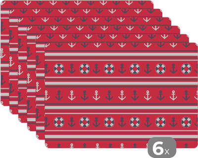 Placemat - Placemats kunststof - Anker - Reddingsboei - Marine - Matroos - Patronen - 45x30 cm - 6 stuks - Hittebestendig - Anti-Slip - Onderlegger - Afneembaar