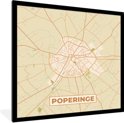 Fotolijst incl. Poster - Kaart - Stadskaart - Plattegrond - België - Poperinge - 40x40 cm - Posterlijst