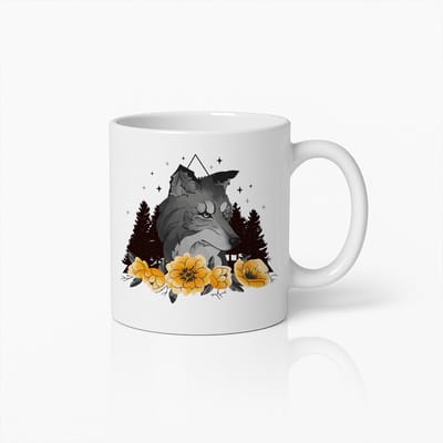 Wolf en Bloemen Mok 330ml – Elegante Bos Design Beker met Gele Bloemen – Perfect Cadeau voor Natuur- en Dierenliefhebbers
