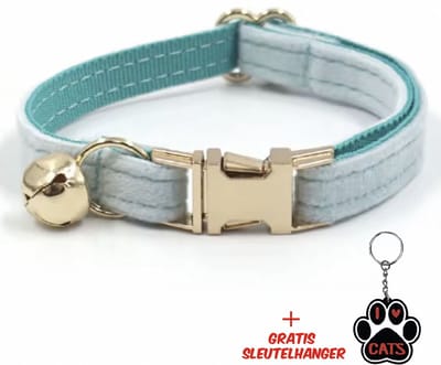 SilverAndCoco® - Groen / Blauwe Katten Halsband met Bel met Gratis Sleutelhanger | Velvet Kat Kitten Bandje met belletje | Kattenhalsband Suède Gouden | Kleding Decoratie Poezen | Kattenbandje Huisdier Poes - Blauw / Goud