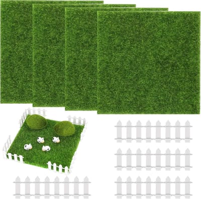 Kunstgras Tapijt - Miniatuur Tuin - Terrarium Decoratie - Met Houten Omheining - 15x15cm Gazon - Groen Wit