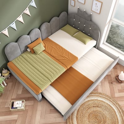Slaapbank - 90x200 - Bed met uitschuifbed, L-vorm en kroon design - fluweel - grijs - zonder matras