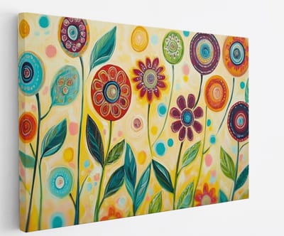 Saammp Canvas Schilderij -Kleurrijk - Getekende Bloemen - Abstract - 45x30 - Foto op canvas - Wanddecoratie - Muurdecoratie Woonkamer - Kantoor Decoratie