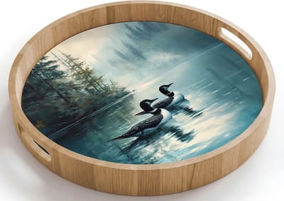 Dienblad rond 40x40 cm - Schootdienblad hout - Bos - Water - Eenden - Mistig - Borrelplank rechthoek - Plateau houten dienbladen