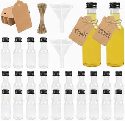 SnelShoppen - 24 Stuks 50ml Mini Shot Flesjes voor Liqueur en Drankjes - Lege Kleine Flesjes met Zwarte Doppen en Mini Trechters - Perfect voor Feeste