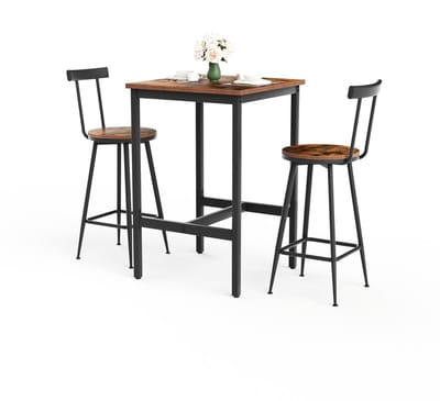 Bartafel en barkrukken set - eettafel voor twee personen - vierkante keukentafel - met twee barkrukken met poten - metalen frame - bartafel in industriële stijl - geschikt voor eetkamers, woonkamers, etc. - rustiek bruin oppervlak - 60cm*60cm*92cm