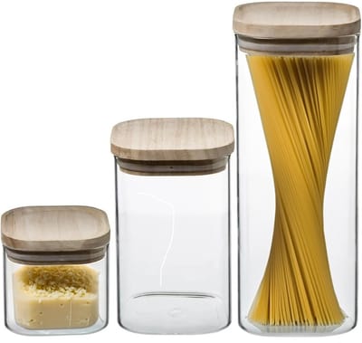 5Five Set van 3x voedsel voorraadpotten - glas met houten deksel - 500 ml - 1000 ml - 1800 ml - luchtdichte deksel