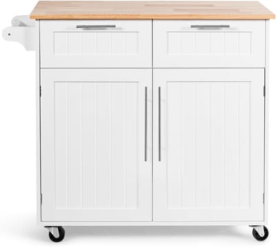 COSTWAY Keukeneiland, Keuken Opbergkarretje, Rollende Keukenkar met Opberglades & Grote Kasten, 4 Universele Wielen & Handdoekenrek, Ideaal voor Thuis & Commercieel Gebruik (Wit)