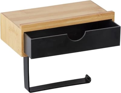 Toiletpapierhouder met plank en lade van bamboe, natuur/zwart