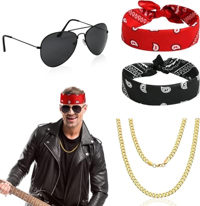 Retro 70s en 80s Rocker Kostuumaccessoires met Bandana, Zonnebril en Ketting voor Feestjes en Thema-avonden
