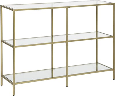 Hoppa! Console Tafel | Bijzettafel Met 3 Planken Van Gehard Glas | Banktafel | Moderne Opbergrek | Stabiel | Eenvoudig Te Monteren | Woonkamer, Hal, Slaapkamer, Keuken | Goudkleurige