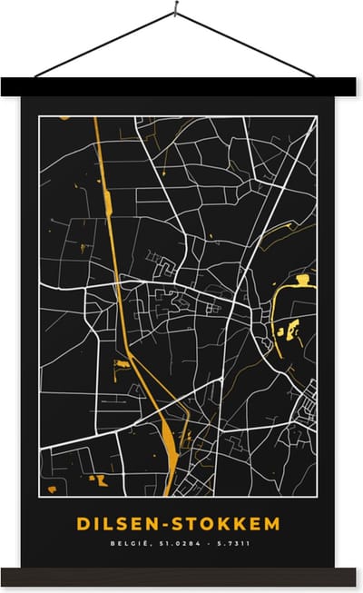 Posterhanger incl. Poster 40x60 cm - Schoolplaat - Stadskaart - Plattegrond - Dilsen-Stokkem - Kaart - Goud - Textielposter - Zwarte latten - Stadskaart