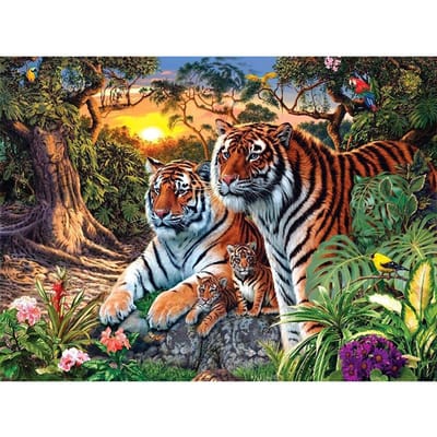 Peinture diamant thème «famille de tigres en forêt», broderie 5D, mosaïque en strass, à faire soi-même, coucher de soleil 20X30CM black