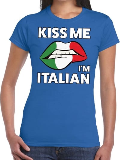 Kiss me I am Italian t-shirt blauw dames - feest shirts dames - Italie kleding XS