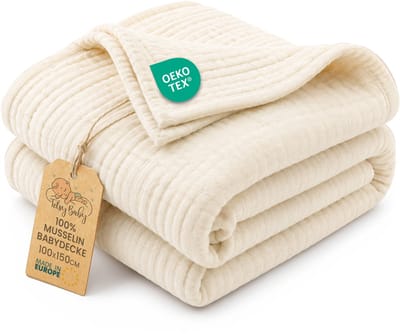 Babydeken zomer dunne mousseline deken 100 x 150 cm - lichte ademende deken katoen wieg kinderwagen – zonwering newborn baby pasgeboren zacht reiswieg meisje jongen Oeko-Tex Lichtbeige