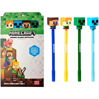 Pennen/Fineliners - Minecraft Steve/Alex/Creeper/Allay- Set van 4 Uitwisbare Pennen Chibi Top - Inkt Zwart & Blauw