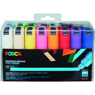 Wit - Zwart - Geel - Roze - Rood - Donkerblauw - Lichtblauw - Donkergroen - Lichtgroen - Beige - Grijs - Bruin - Oranje - Paars - Goud - Zilver set van 16 verfstift op waterbasiss met schuine punt breed
