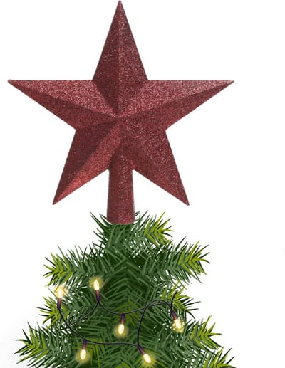 Decoris kerstboom piek - 1x - ster vorm - donkerrood - glitter - 19 cm - kunststof - kerstpiek