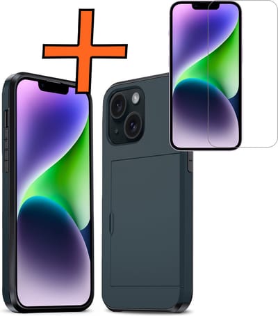 Hoesje Geschikt voor iPhone 14 Hoesje Pasjeshouder Shockproof Hard Case Met Screenprotector - Hoesje Geschikt voor iPhone 14 Hoes Met Kaarthouder - Donkerblauw