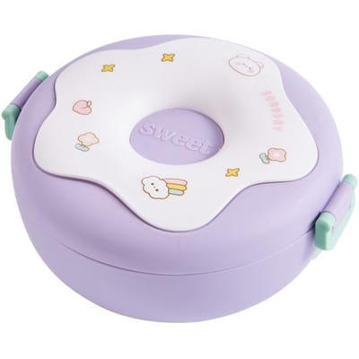 Lunchbox voor schoolkind, snackbox, donut, cartoon, lekvrij, bentobox, lunchzakken met vork, lepel, 3 compartimenten, magnetronbestendig