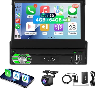 ESSGOO Autoradio 1 Din - Apple Carplay & Android Auto (Draadloos) - 7" HD Touchscreen Handmatig Opvouwbaar Scherm - Android 15, 4+64GB - GPS, Wifi, USB, AUX, - DAB & Achteruitrijcamera