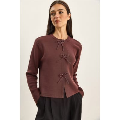 Kraagloze Gebreide Cardigan met Strikdetail