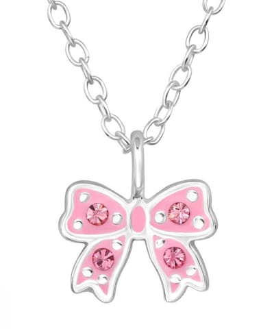 Joy|S - Zilveren strik hanger met ketting - roze strikje met kristal - ketting 39 cm (verstelbaar 36 cm of 39 cm)