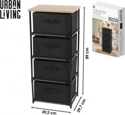 Urban living Ladekast/organizer - met 4x lades - zwart - 40 x 30 x 89 cm - hout/metaal - kastjes voor hal/kantoor