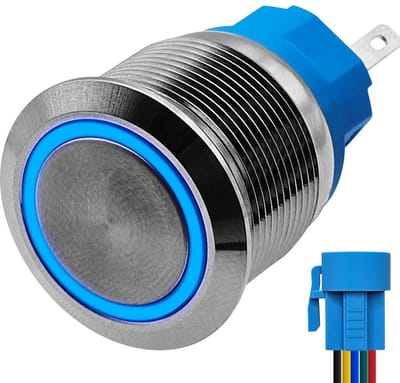 ProRide Metalen Drukschakelaar 12V ON-OFF - 22mm - Aan/uit schakelaar met Aansluitkabel - Spatwaterdicht - 12V/24V - LED Indicatie Blauw