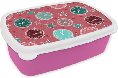Broodtrommel Roze - Lunchbox - Brooddoos - Klok - Roze - Patronen - Sterren - 18x12x6 cm - Kinderen - Meisje