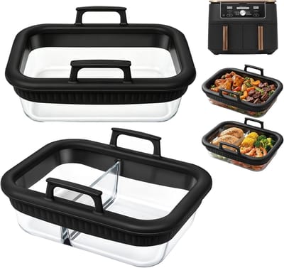 Glazen Airfryer Bakvorm - Set van 2 - Compatibel met Ninja AF400EU, AF500EU en DZ400EU - Borosilicaatglas - Hittebestendig tot 400°C - Uitneembare Siliconen Rand - Vaatwasserbestendig