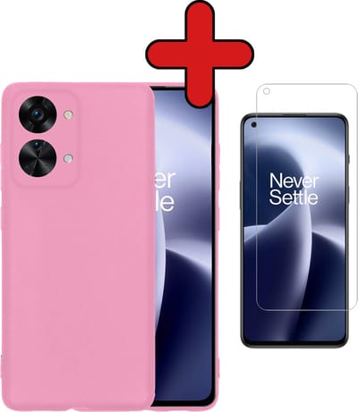 Hoesje - Met Screenprotector - Geschikt voor OnePlus Nord 2T - Sterk & Shockproof - Telefoon Hoes - Back Cover - Siliconen Case - Telefoonhoes - Lichtroze