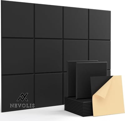 Nevolis 12 Pieces Soundproofing Sound Insulation Wall High Density Polyester Acoustic Panels Beveled Edge Design Black for Wall Ceiling Wood and Door 30x30x1cm - Self Adhesive Soundproofing Panels .