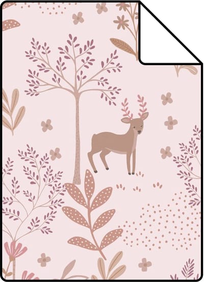 Proefstaal ESTAhome behang bos met bosdieren licht roze en paars - 26.5 x 21 cm - 131796-S