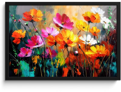 Poster in lijst - Fotolijst 60x40 cm - Posters - Felgekleurd - Bloemblaadjes - Abstract - Posterlijst zwart - Decoratie - Wanddecoratie woonkamer - Muurdecoratie slaapkamer