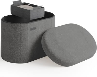 Ronde Ottomaanse met Opbergruimte voor Woonkamer - Grijze Voetsteun met Boucle Stoffering - 45 cm