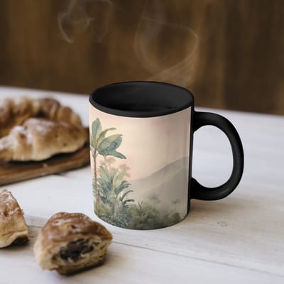 Magische Mok - Foto op Warmte Mokken - Koffiemok - Tropisch landschap - palmbomen - Bloemen - Roze lucht - Magic Mok - Beker - 350 ML - Theemok