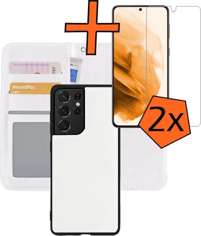 Hoes - 2 in 1 - Geschikt voor Samsung Galaxy S21 Ultra - Met 2x Screenprotector - En Uitneembare Hard Cover - Bookcase - Wallet Case - Met Pasjeshouder - Book Case - Uitneembaar - Pashouder - Kunstleer - Wit