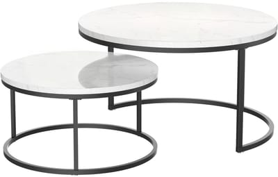 MODFU Salontafel – Ø 80 & 60 cm – Nestbaar (ruimtebesparend) – Set van 2 – Moderne woonkamer tafel – Ronde bijzettafels – Marmerlook – Wit / Zwart