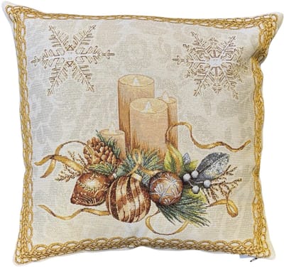 Kussenhoes - Kerst - Gobelinstof - Creme met Kerstroos - Kaars - Mistletoe-Maretak - Kerstballen - 45 x 45 cm