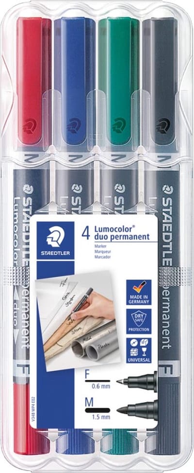 Staedtler Lumocolor Duo 348, permanent marker, doos van 4 stuks in geassorteerde kleuren 10 stuks