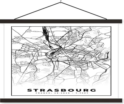 Posterhanger incl. Poster 60x40 cm - Schoolplaat - Frankrijk - Kaart - Strasbourg - Plattegrond - Stadskaart - Zwart wit - Textielposter - Zwarte latten - Stadskaart