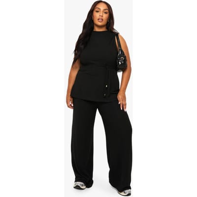 boohoo Dames PLUS GEBORSTELDE TUNIEK MET STRIKRIEM TOP EN WijDE PijPBROEK | Black | Maat: 16