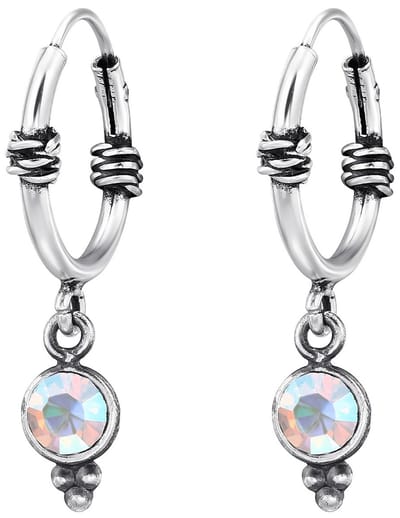 Joy|S - Zilveren Bali oorringen - 12 mm - geoxideerd - ronde bedel met paarlemoer kristal - sterling zilver 925